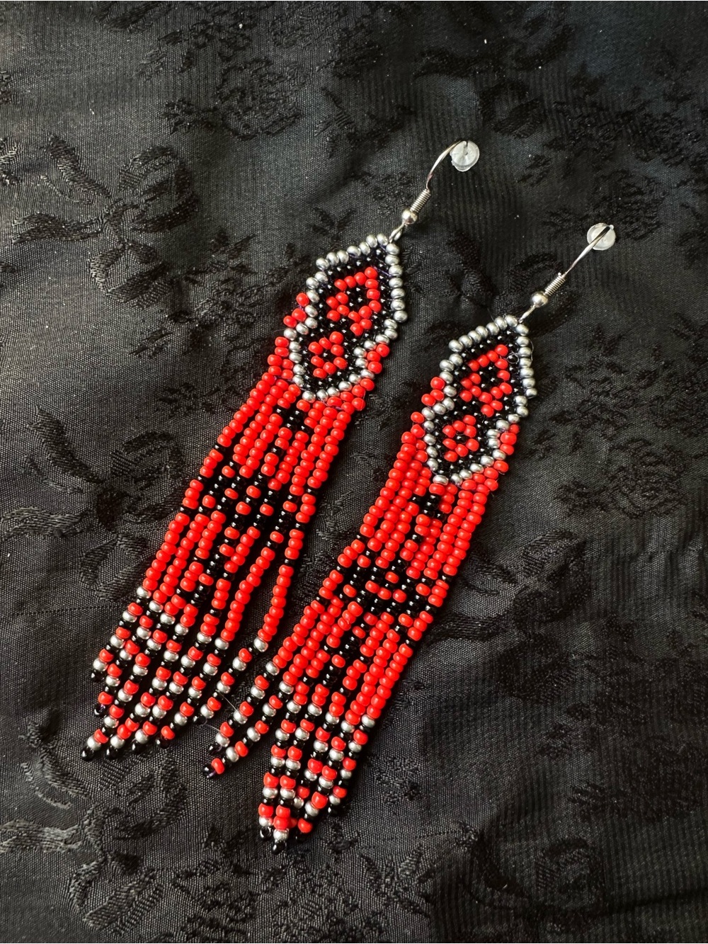 Handmade Red and Black Beaded Fringe Earrings